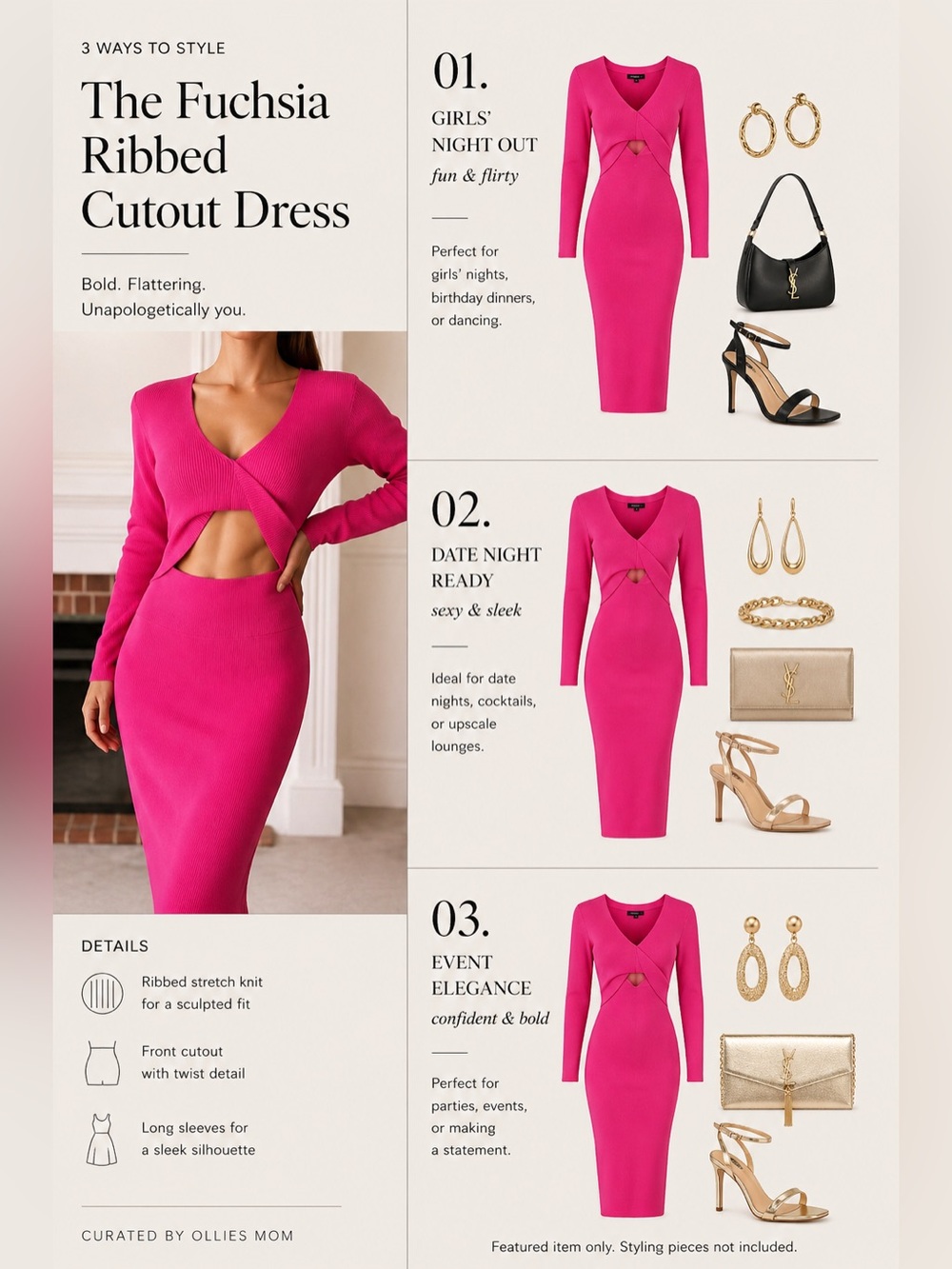 Fuchsia Pink Ribbed Cutout Dress XL |Bodycon Long Sleeve NWOT